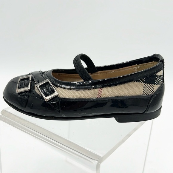 BURBERRY GIRLS PATENT LEATHER NOVA CHECK BLACK BALLERINA FLAT SZ 5C - Picture 2 of 15